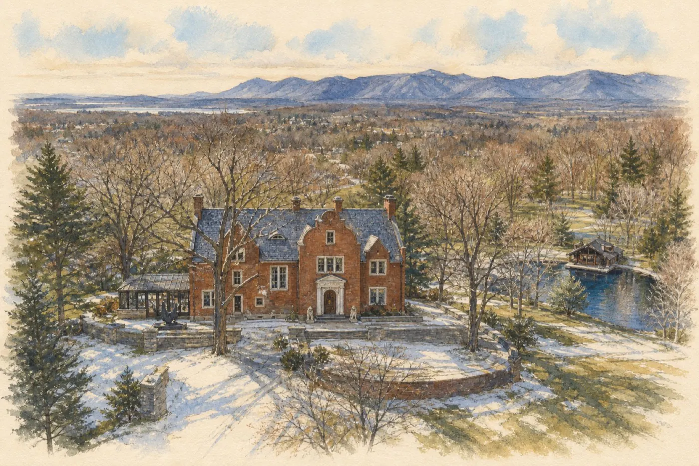 Painted WMR portrait of the historic brick mansion and grounds at 26 Hamburg Road in Catskill