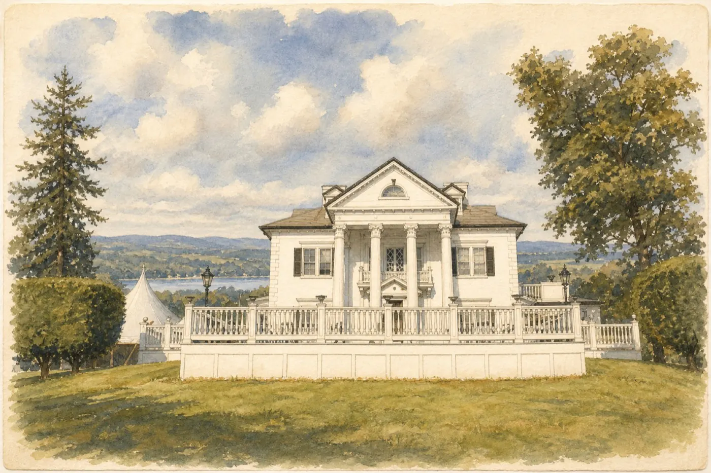 Painted WMR portrait of the Belvedere Mansion and its formal Hudson Valley grounds