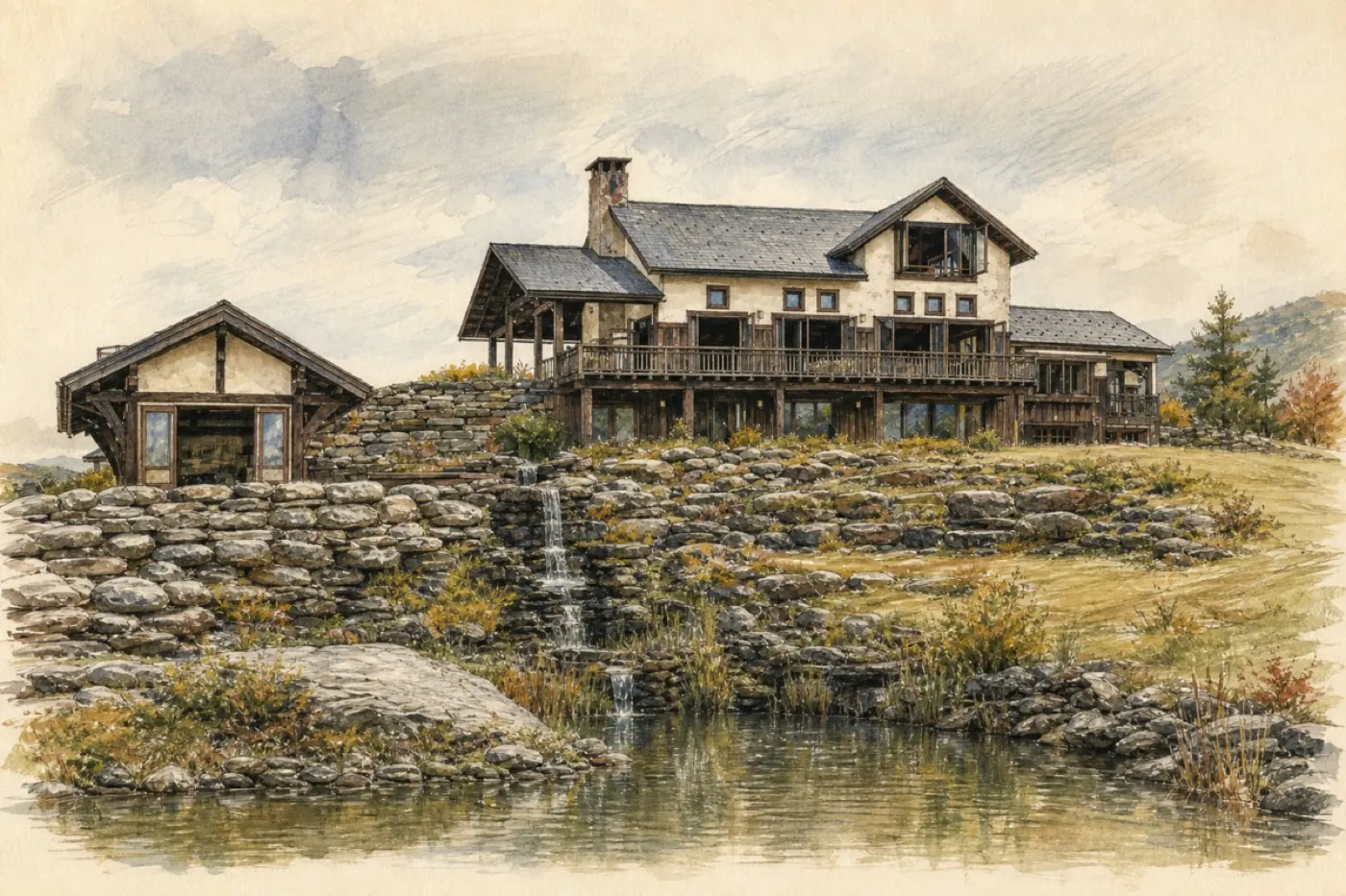 Painted WMR portrait of Birchwood Estate, its terraces, water, and Catskills setting