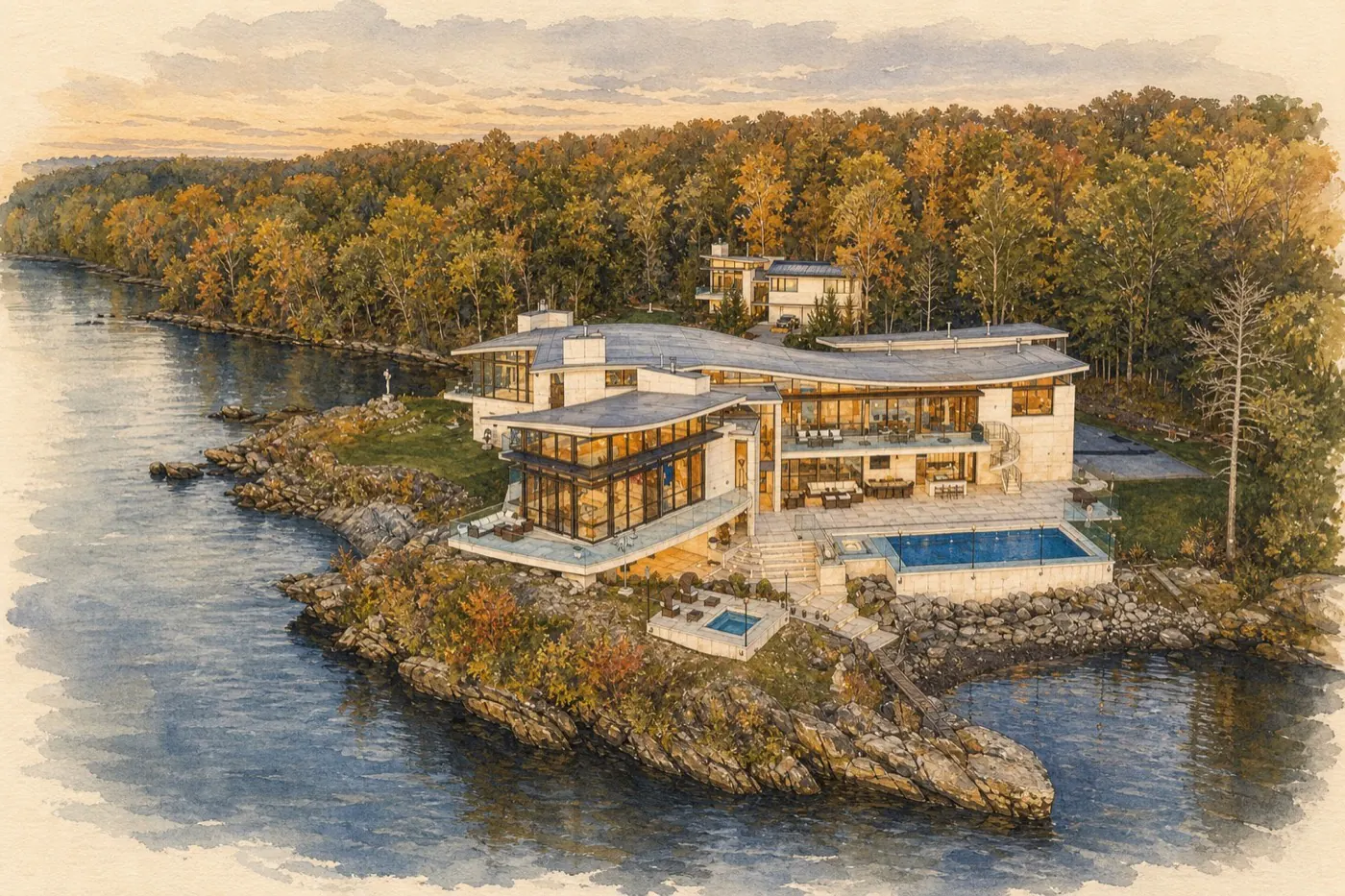 Painted WMR portrait of the modern Ledgerock estate projecting toward the Hudson River