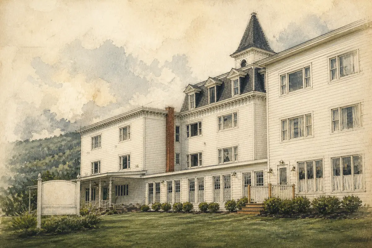 Painted WMR portrait of the white-clapboard Thompson House lodge in Windham