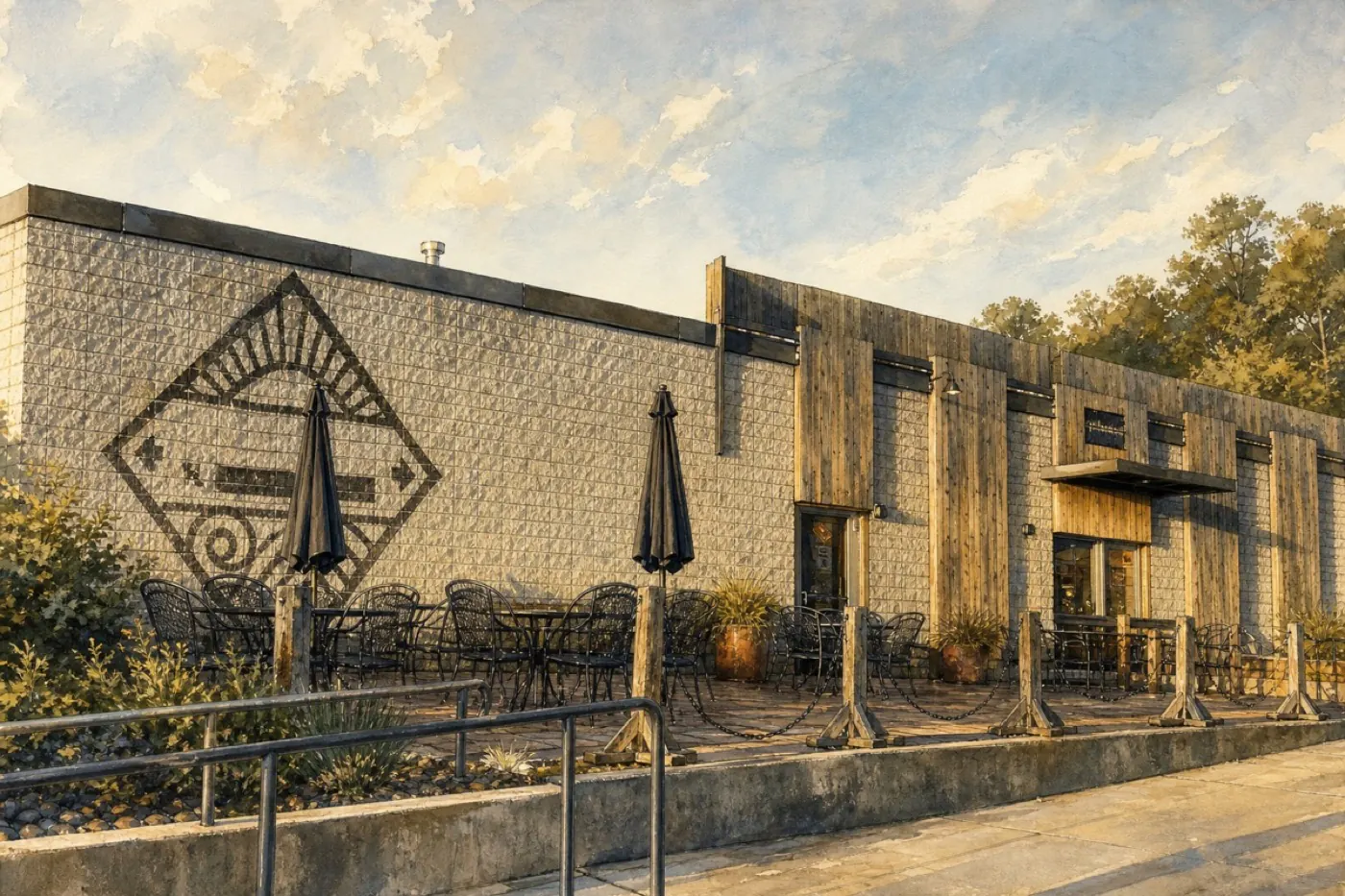 Painted WMR portrait of the Two Way Brewing taproom and patio in Beacon