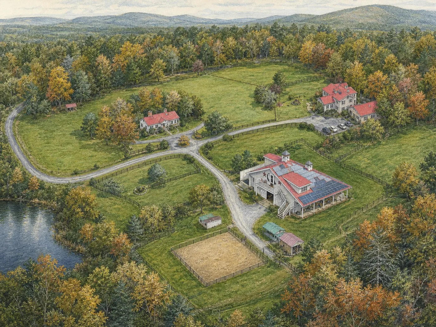 Painted WMR aerial portrait of Whistlewood Farm with red-roofed buildings, paddocks, and pond