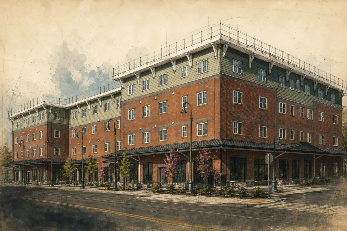 Painted WMR portrait of the all-electric Zer0 Place mixed-use building in New Paltz