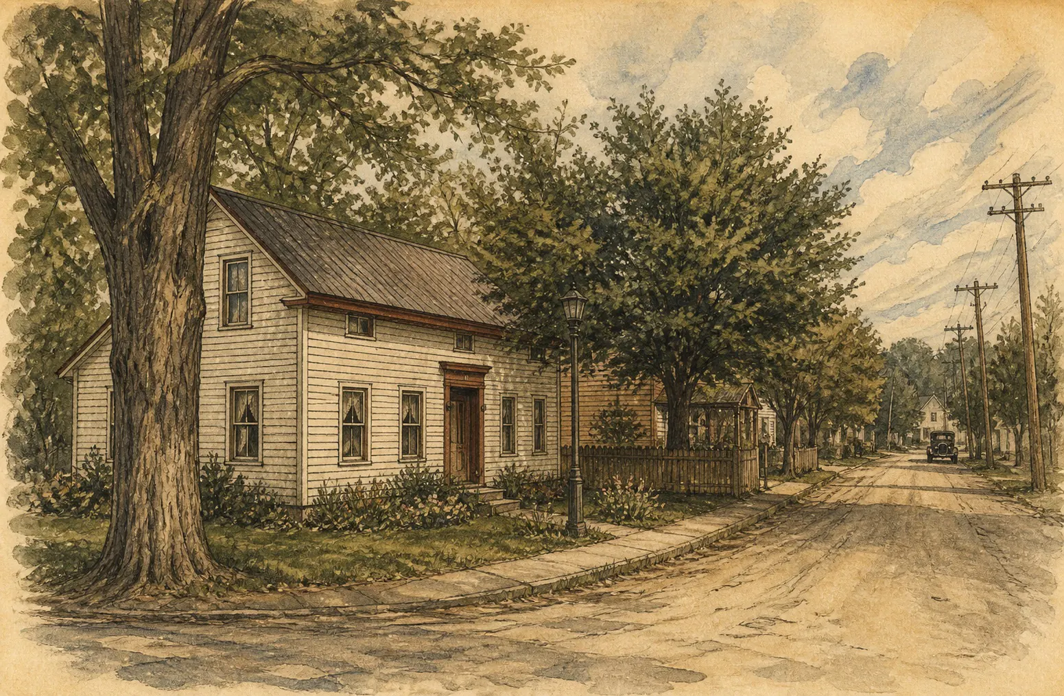 Illustrated childhood home in Freehold, New York, in the 1930s and 1940s
