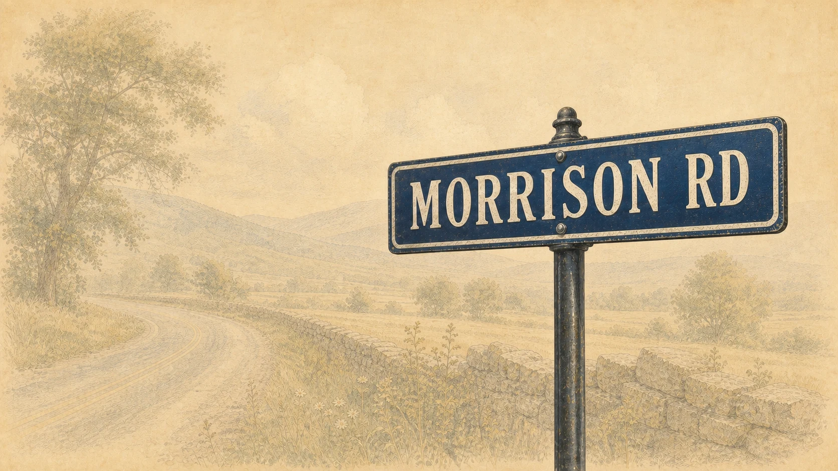 Illustrated Morrison Road sign beside a quiet Hudson Valley road and mountain landscape